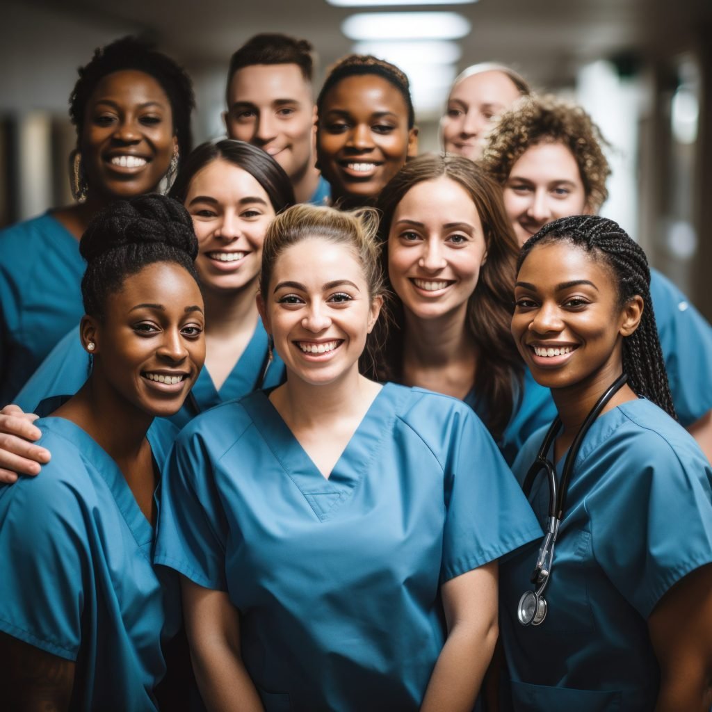 A group of healthcare workers in blue scrubs standing together in a hospital corridor.