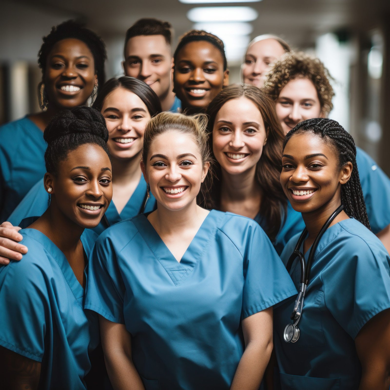 A group of healthcare workers in blue scrubs standing together in a hospital corridor.