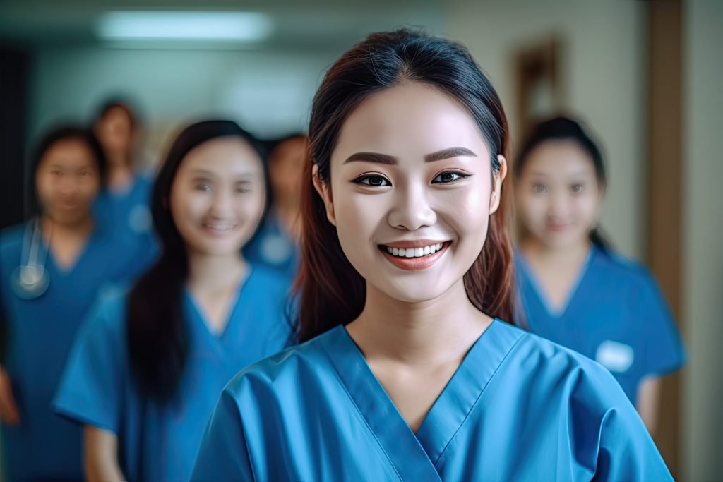 A nurse in blue scrubs in the foreground with colleagues standing behind in a corridor.