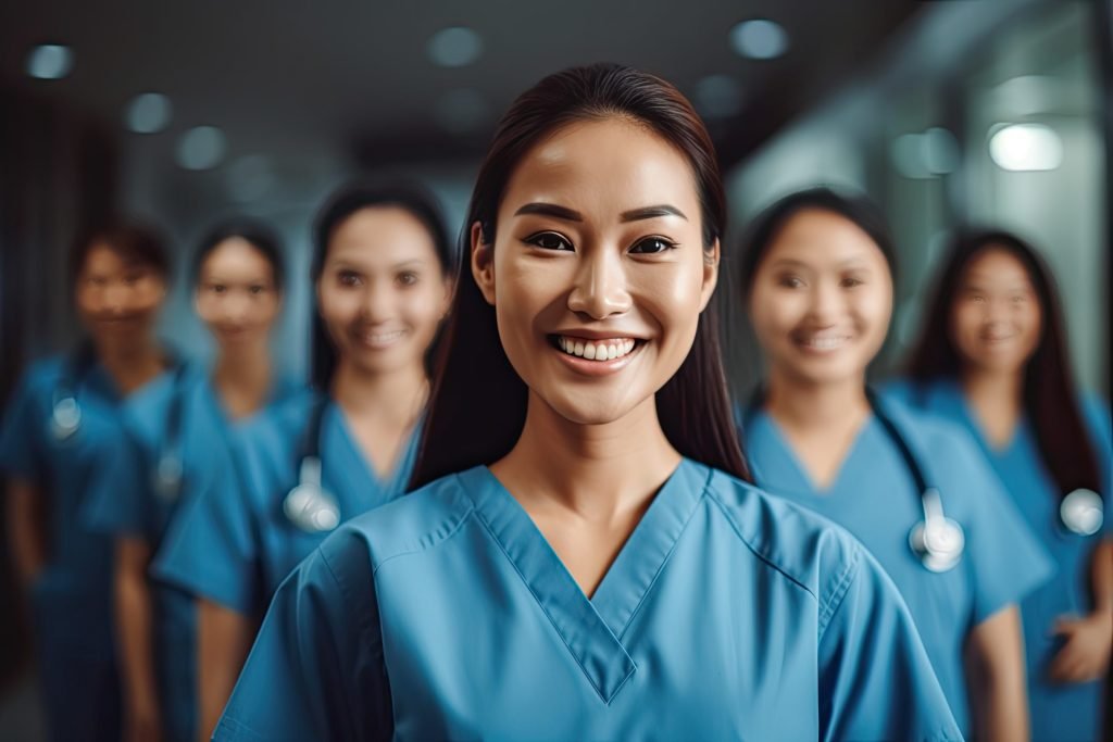 A nurse smiling in the foreground with five colleagues in blue scrubs behind her.